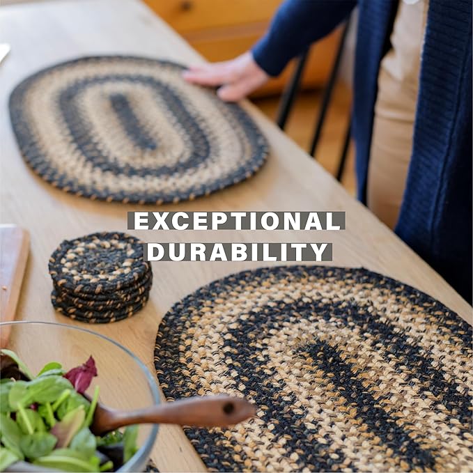 Homespice Kilimanjaro Jute Braided Placemats, Warm Primitive Decor, Set of 4, Black and Tan 13x19 Oval Table Mats - Vibrant Colors, Durable, Easy to Clean and Protects Furniture