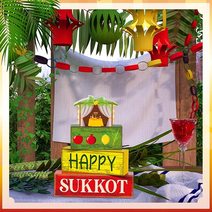 4 Pcs Happy Sukkot Table Decorations Sukkot Centerpieces for Tables Wooden Tabletop Party Decorations Rustic Block Sign for Tiered Tray Shelf Office Jewish Holiday Celebration Supplies