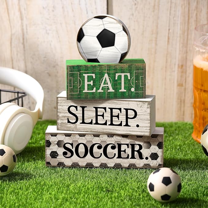 4 Pcs Soccer Wooden Tabletop Decor Soccer Tiered Tray Decor Rustic Wood Block Sign Gift Centerpiece Farmhouse Table Sign for Home Boys Room Office Shelf Birthday Party