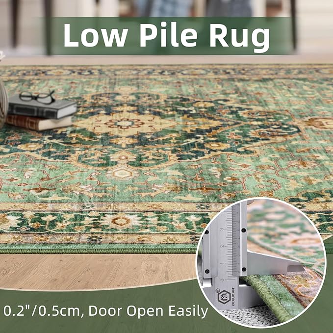 Green Rugs for Bedroom Area Rugs 7x9 Washable Rugs Boho Vintage Oriental Large Foldable Faux Wool Carpet for Living Room Nursery Room Dorm Kids Playroom Home Office