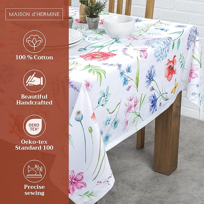 Maison d' Hermine Table Cloth Rectangle Table 100% Cotton 70 x 90 Inches Tablecloth Reusable Decorative for Dining Room Farmhouse Home Valentines Day Decorations Spring Summer - Just Floral