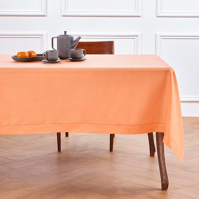 Solino Home Linen Tablecloth for Rectangle Tables 60 x 120 Inch - Classic Hemstitch 100% Pure Linen Coral Table Cloth - Machine Washable Cloth Tablecloth for Valentines, Spring, Easter