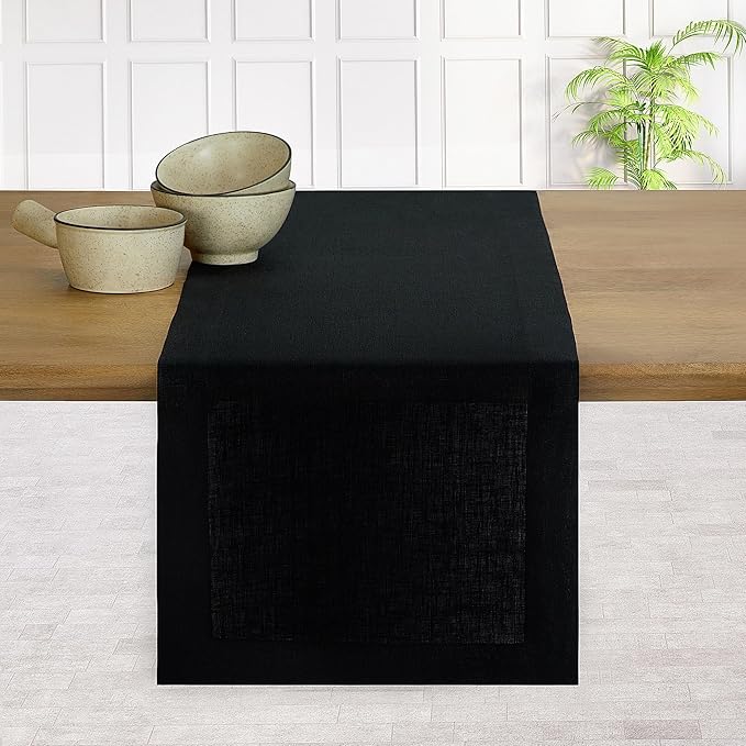 D'Moksha Homes Linen Black Table Runner 144 Inches Long - 100% Pure Linen Extra Long Table Runner 14 x 144 Inch for Spring, Easter - Machine Washable