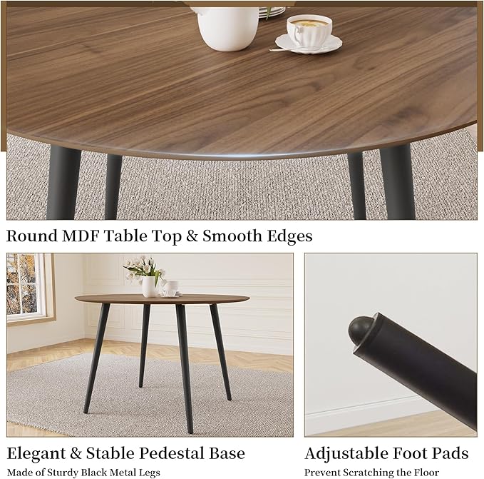 43.3 Inch Round Dining Table Set for 4, Modern Small Kitchen Coffee Set for Dining Room Kitchen Apartment (Walnut Table+4 U-Shaped Black Chairs)