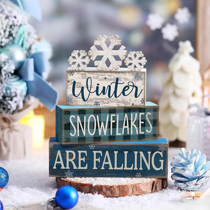 6 Pcs Winter Snowflakes Table Decorations Christmas Snowflake Centerpieces for Tables Winter Tiered Tray Decor Rustic Wood Snow Sign Farmhouse for Wonderland Party Kitchen Shelf Home