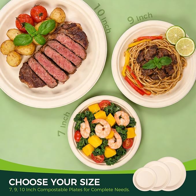 100% Compostable Paper Plates - 10 Inch, Bulk 300 Count - Disposable, Heavy Duty, Biodegradable Plates Made of Bagasse - Eco-Friendly, Large Size (Natural)