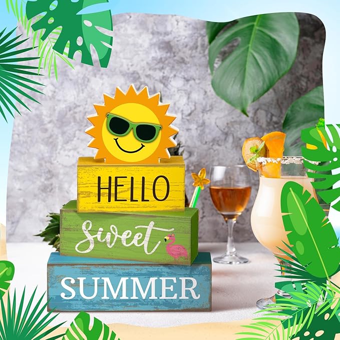 4 Pcs Summer Wooden Tabletop Decor Hello Sweet Summer Tiered Tray Decor Sunshine Centerpiece Rustic Summertime Decorative Block Signs Gift Farmhouse Table Decoration for Home Kitchen
