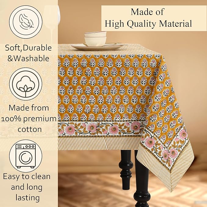 CPC Tablecloth 100% Cotton 60x90 Inch Indian Block Print Rectangle Table Cover, Washable Table Cloth for Weddings, Spring/Summer, Barbeque -Yellow Citrine