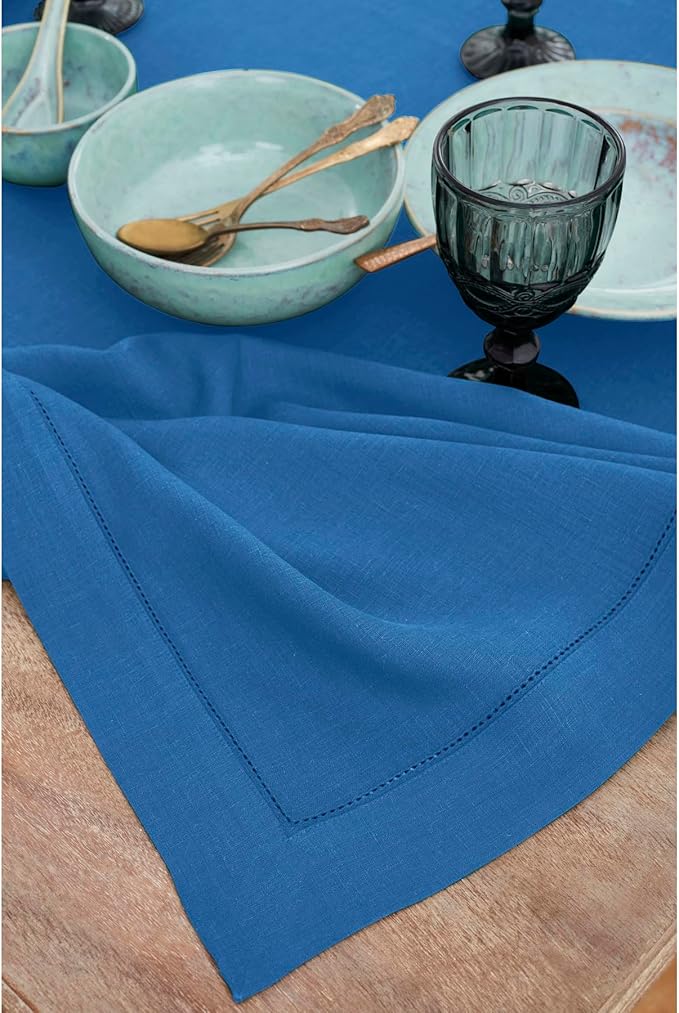 Solino Home Linen Tablecloth 60 x 120 Inch - Classic Hemstitch 100% Pure Linen Indigo Blue Table Cloth for Rectangle Tables - Machine Washable Tablecloth for Winter, Spring, Easter