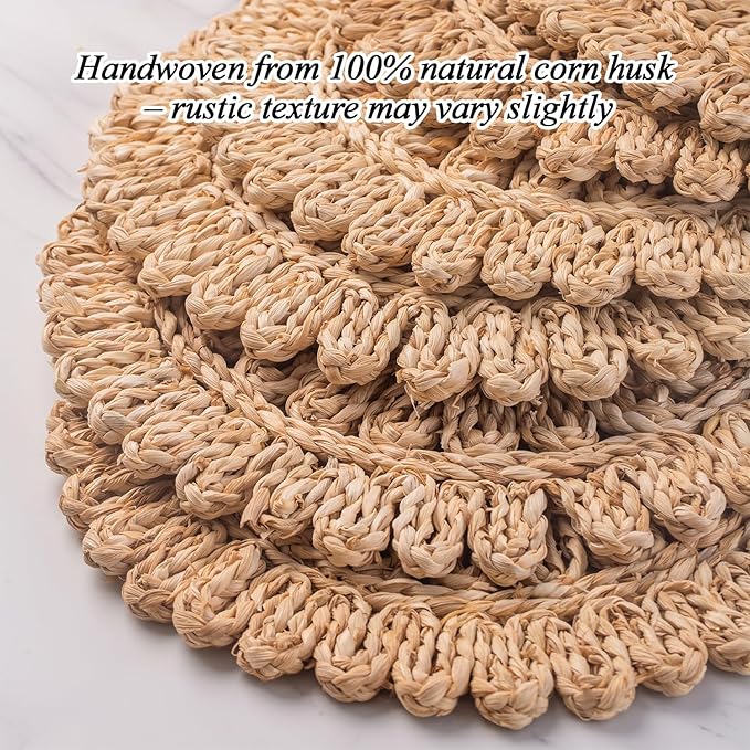 11.8" Set of 6 Round Corn Husk Placemats | Boho Woven Rattan Table Mats | Farmhouse Wicker Spring Plate Chargers Like Water Hyacinth, Seagrass for Wedding, Party, Christmas, Events
