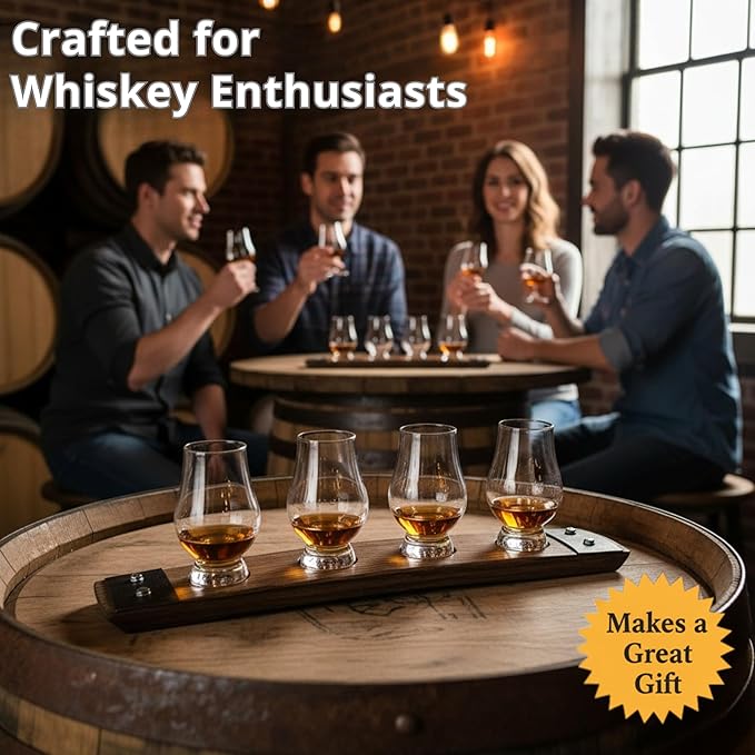 Premium 4 Glass Whiskey Flight/Natural (light Oak)/ Crystal Glasses