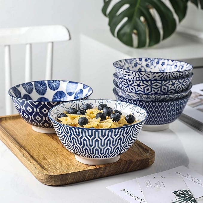 Selamica Blue and White Porcelain 20oz Cereal Bowl Set - Set of 6, 6 inch Soup Bowls, Ceramic bowls for Cereal, Soup, Salad and Pasta, Vintage Blue