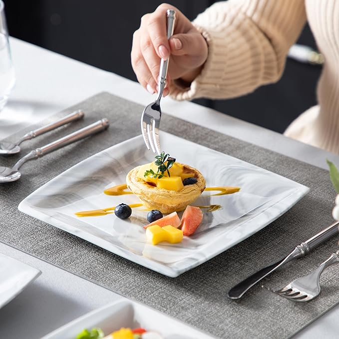 MALACASA Plates and Bowls Sets, 12-Piece Porcelain Dinnerware Sets for 4, Square Plates and Bowls for Dessert, Salad and Soup, Ceramic Dishes Dining Dishware Set, Marble Grey, Series Blance