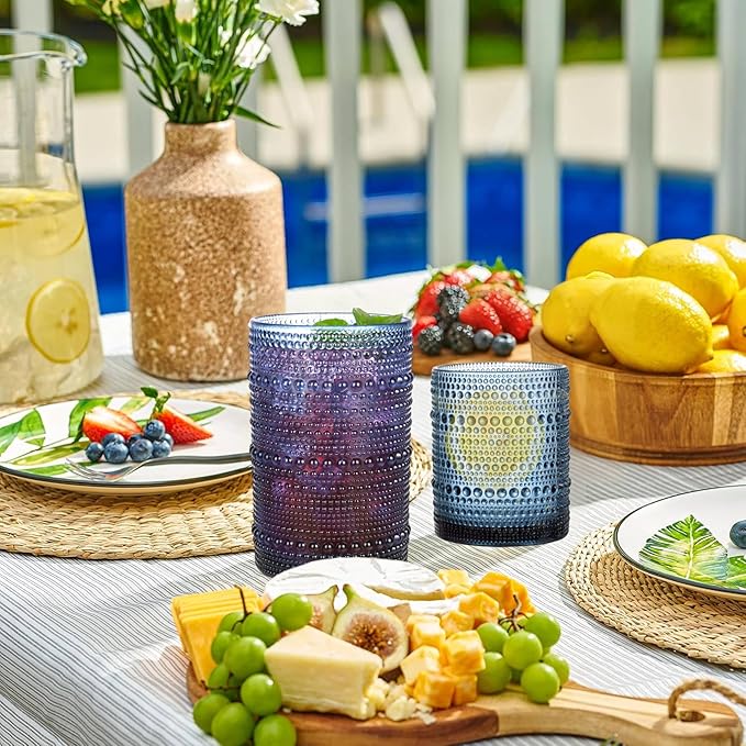 Blue Hobnail Drinking Glasses Set of 8，15 oz Vintage Highball Glassess & 12 oz Cocktail Glasses，Drinkware Kitchen Glasses for Cocktail, Iced Coffee, Beer, Ice Tea, Wine, Whiskey, Water