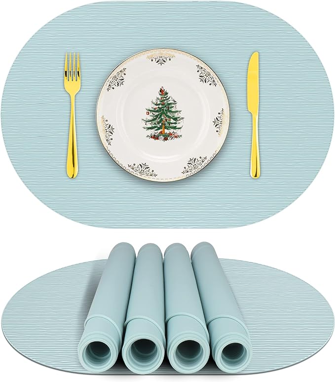 Silicone Placemats, Oval Placemats for Dining Table, Placemats Set of 4, Non-Slip Waterproof Heat Resistant Table Mat, Outdoor Placemat for Patio Table (Light Blue-Oval)