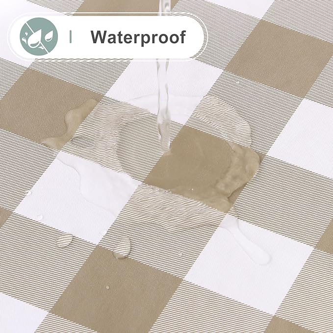 misaya Oval Waterproof Vinyl Table Cloth, Buffalo Flannel Backed Tablecloth, Wipeable Plastic Table Cover for Fall, Thanksgiving (60" x 84", Khaki and White)