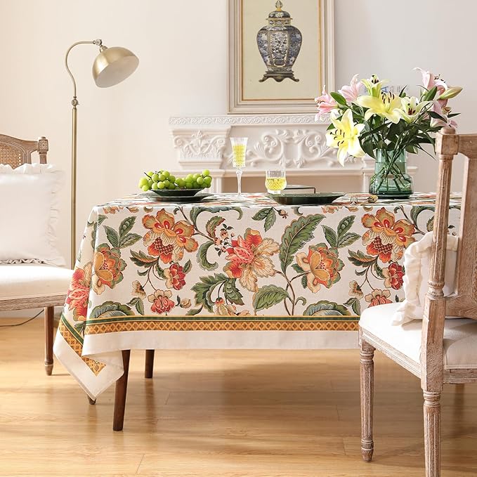 patdrea Designer Vintage Linen Rectangle Tablecloth,Provencal Rustic Floral Pattern Tablecloths,Decorative Table Cover Cloth for Kitchen,Dining Room,Tea Party,Home,Christmas,55"*87"