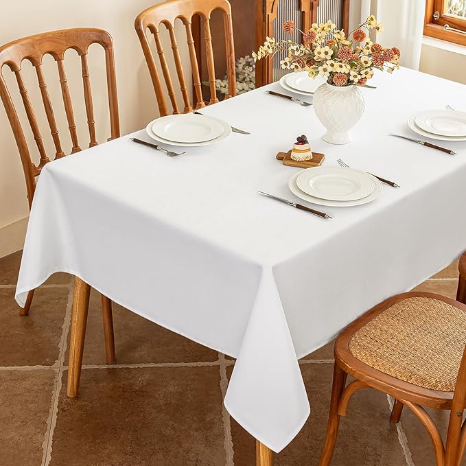Textured White Fabric Table Cloth Rectangle Spill Proof & Washable Faux Linen Tablecloth for 6 Ft Rectangular Table Reusable for Dining Wedding Banquet 60 x 84 Inch