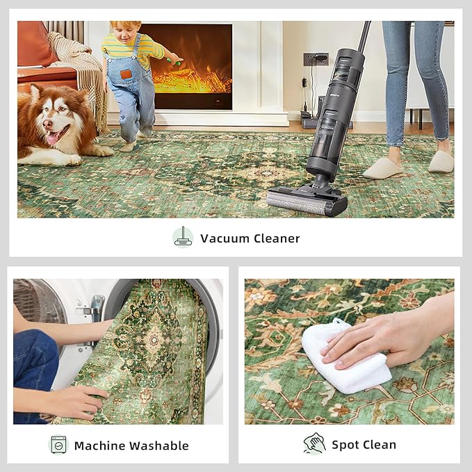 Green Runner Rugs for Hallway 2x6 Ft Non-Slip Fall Runner Rugs with Rubber Backing Washable Rug Runner for Kitchen Bedroom Vintage Distressed Carpet (Border Green)