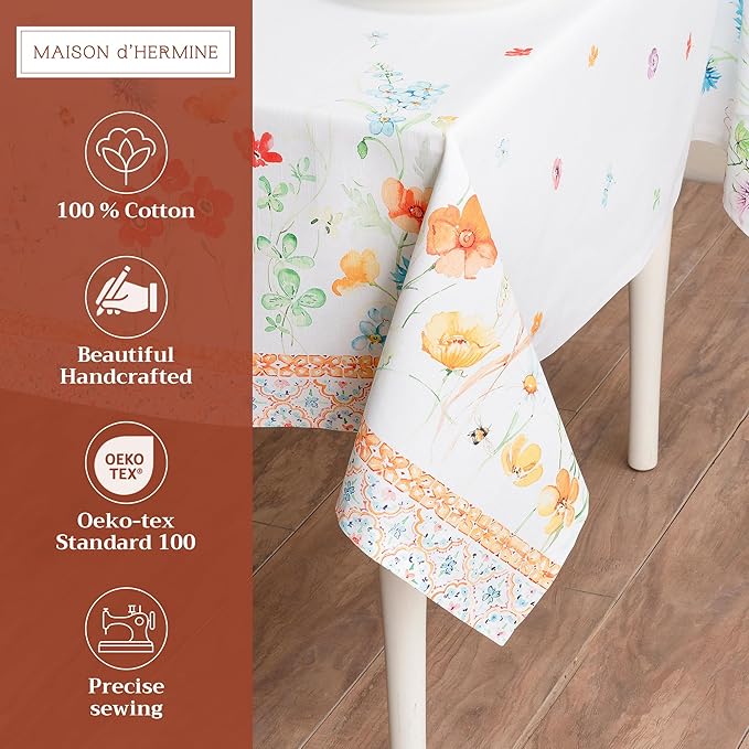 Maison d' Hermine Table Cloth Rectangle Table 100% Cotton 60 x 120 Inches Tablecloth Reusable Decorative for Dining Room Farmhouse Home Valentines Day Decorations Spring Summer - Summer Whisper
