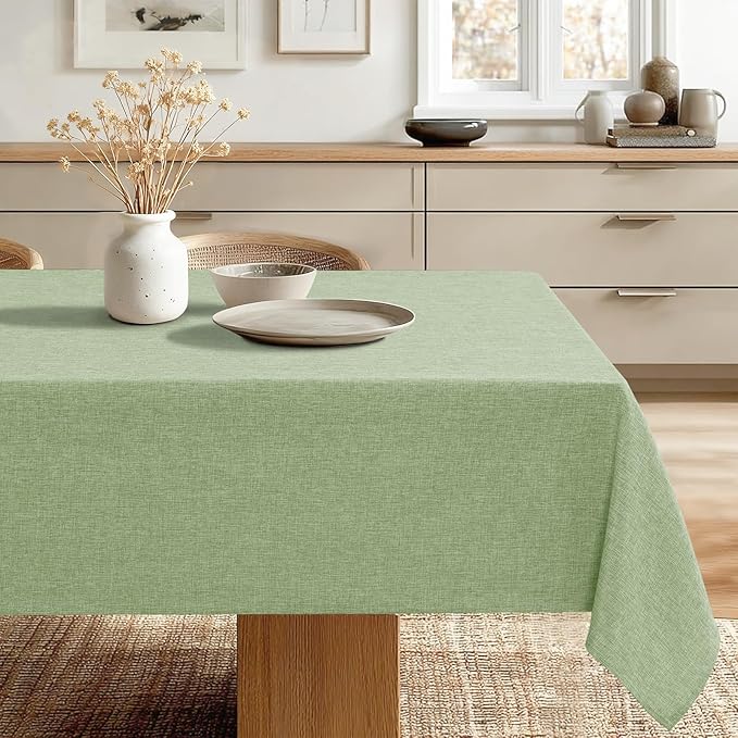 JIUZHEN Square Table Cloth Faux Linen Farmhouse Tablecloth Wrinkle and Stain Resistant Decorative Fabric Table Cover for Kitchen, Dining Room, Parties and Camping, Sage Green, 70 x 70 Inch
