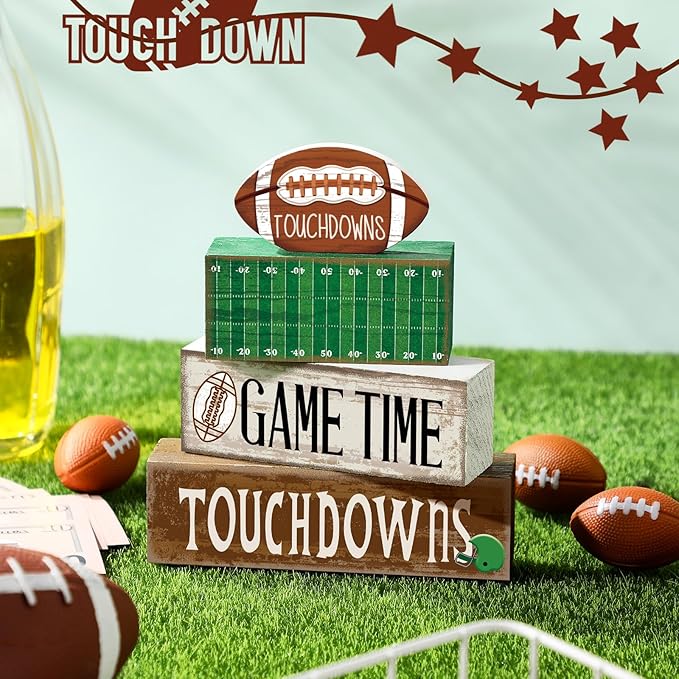 4 Pcs Football Table Decorations Spring Football Tiered Tray Decor Spring Wooden Sign Soccer Centerpiece Decorative Faux Book Stack Block for Coffee Table Fireplace Mantel Floating Shelf