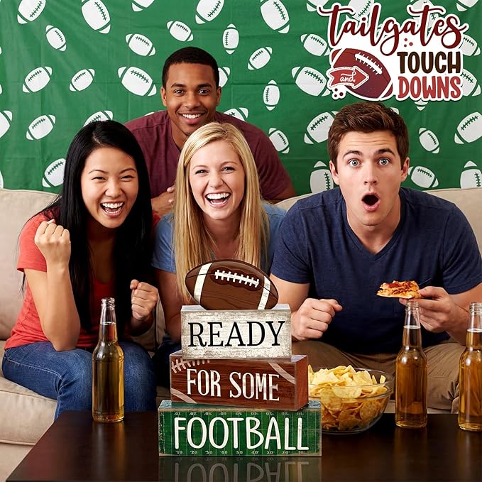 4pcs Football Christmas Table Decoration Happy Football Wooden Block Sign Rugby Tiered Tray Decor Centerpiece Decorative Faux Book Stack for Holiday Tabletop Fireplace Shelf Desk Party Decor