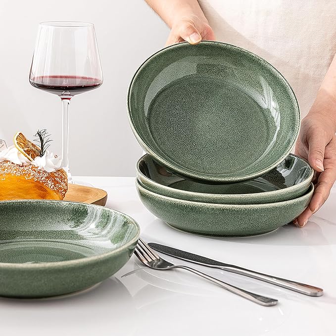 AmorArc 8.5'' Large Ceramic Pasta Bowls Set, 36oz Stoneware Bowls Set of 4 for Kitchen, Reavtive Glaze Bowls-Microwave, Dishwasher Safe for Pasta,Salad,Oatmeal -Jade Green