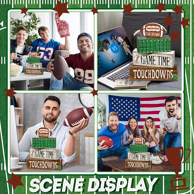4 Pcs Football Table Decorations Spring Football Tiered Tray Decor Spring Wooden Sign Soccer Centerpiece Decorative Faux Book Stack Block for Coffee Table Fireplace Mantel Floating Shelf