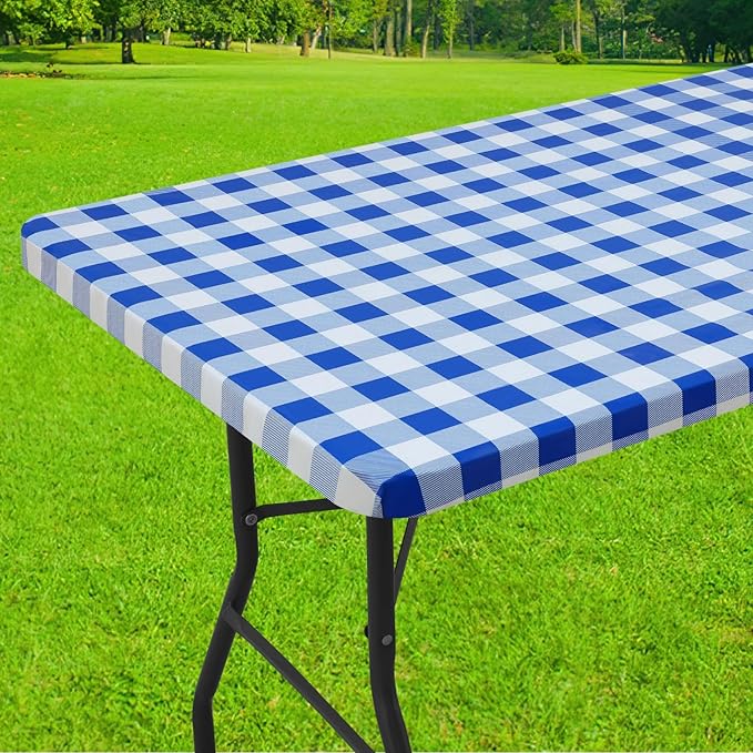 Smiry Rectangle Picnic Table Cloth, Elastic Waterproof Fitted Vinyl Tablecloths, Flannel Backed Buffalo Plaid Table Covers for Dining, Camping, Outdoor (White and Blue, 24" x 48")