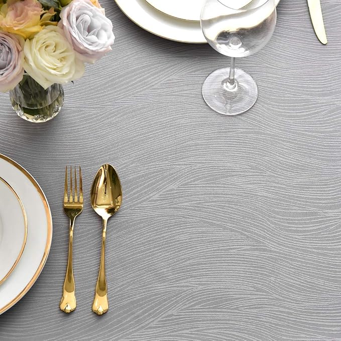 maxmill Jacquard Table Cloth Waving Pattern Water Resistant Wrinkle Resistance Heavy Weight Soft Tablecloth for Kitchen Dinning Tabletop Decoration Oblong 60 x 140 Inch Light Grey