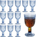 12 Pack Vintage Wine Glasses, Plastic Reusable 12 Ounce Colored Water Goblets, Unique Flower Embossed Pattern Unbreakable Stemmed Wine Glasses High Clear Wedding Party Bar Drinking Cups Blue