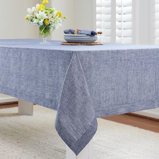 Solino Home Linen Tablecloth 60 x 144 Inch - 100% Pure Linen Chambray Indigo Table Cloth for Rectangle Tables - Athena, Machine Washable Tablecloth for Spring, Easter