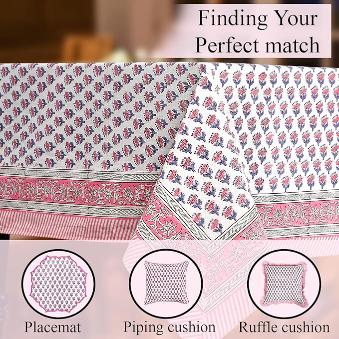 CPC Tablecloth 100% Cotton 72x140 Inch Indian Block Print Rectangle Table Cover, Pink Table Cloth for Weddings, Spring/Summer, Barbeque - Pink Sapphire