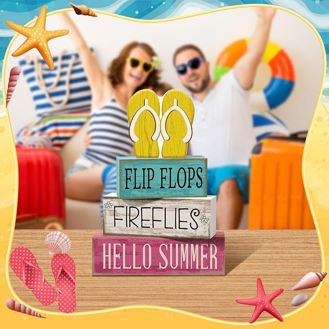 4 Pcs Summer Table Decorations Wooden Sign Flip Flops Table Centerpiece Summer Tiered Tray Decor Decorative Faux Book Stack Block for Coffee Fireplace Mantel Floating Shelf Hawaii