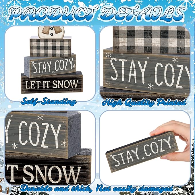 4 Pcs Winter Table Decorations Wooden Snowman Winter Tiered Tray Decor Rustic Block Signs Gift Farmhouse Christmas Centerpiece for Tables Party Kitchen Shelf Home