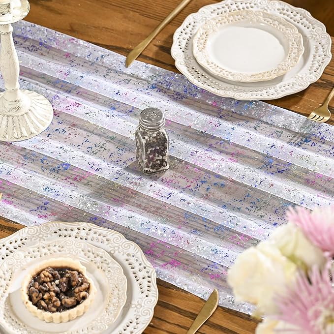 Artoid Mode Colorful Gold Gauze Table Runner 120 Inch 10FT, Glitter Metallic Foil Sheer Dining Wedding Anniversary Holiday Birthday Table Decor for Home Party