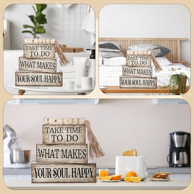 4 Pcs Farmhouse Tabletop Decoration Inspirational Farmhouse Tiered Tray Decor Rustic Retro Wood Bead Garland Take Time to Do What Makes Your Soul Happy Block Centerpiece Sign for Home Shelf