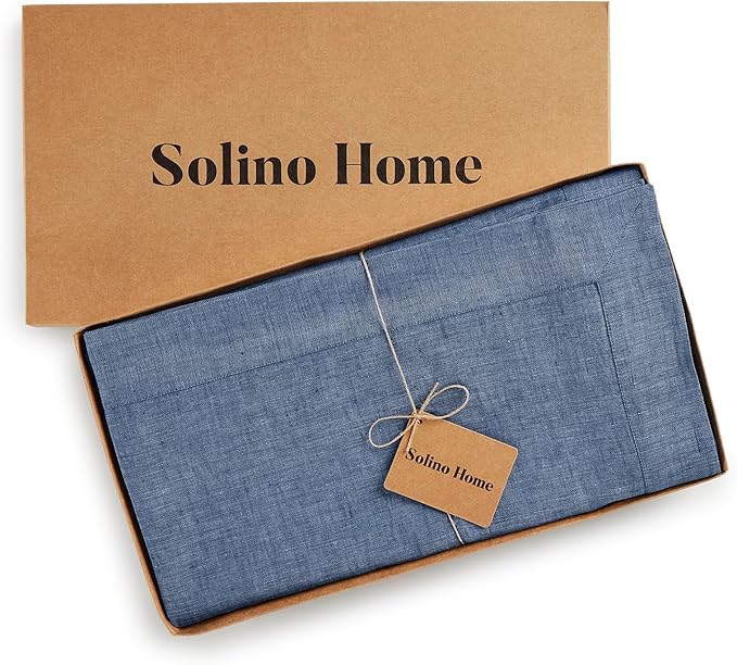 Solino Home Linen Tablecloth 60 x 156 Inch - 100% Pure Linen Blue Denim Table Cloth for Rectangle Tables - Athena, Machine Washable Tablecloth for Spring, Easter