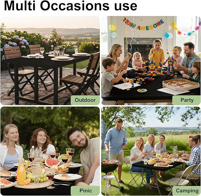 Smiry Rectangle Tablecloth, Elastic Fitted Flannel Backed Vinyl Tablecloths for 5ft Folding Tables, Waterproof Wipeable Table Covers for Indoor, Outdoor, Picnic and Camping (Black, 30"x60")