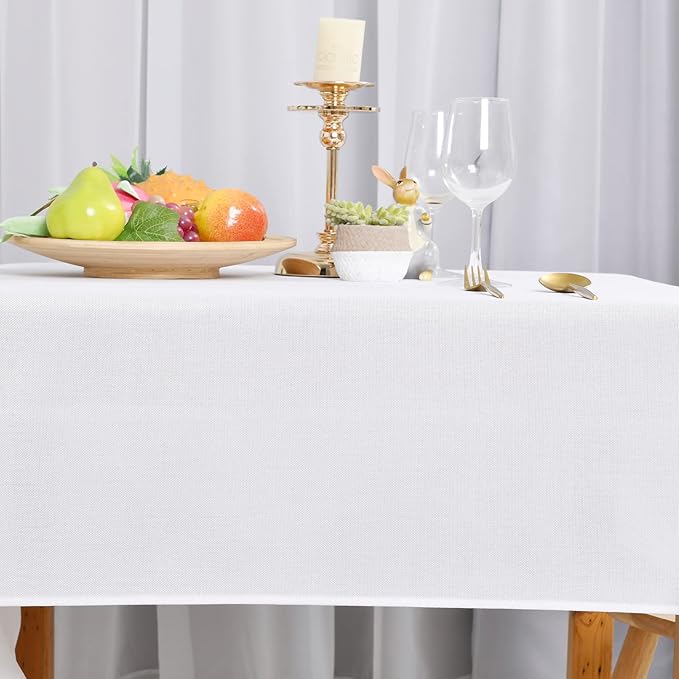 Hiasan Faux Linen Rectangle Tablecloth - Wrinkle and Stain Resistant Washable Table Cloth for Kitchen Dining Room Holiday Table Cover for Party Dinner, White, 70 x 140 Inch