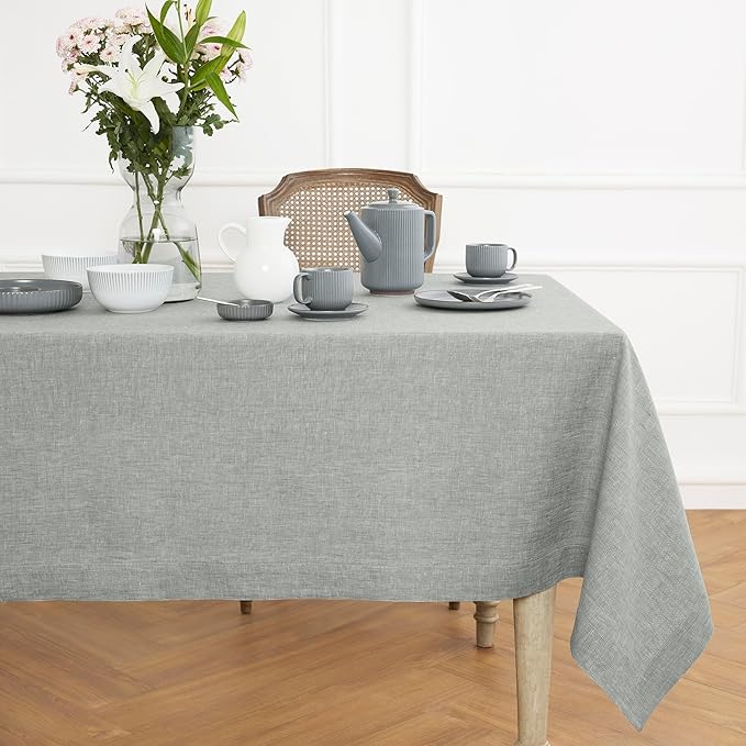 Solino Home Linen Tablecloth 60 x 108 Inch - 100% Pure Linen Chambray Grey Table Cloth for Rectangle Tables - Athena, Machine Washable Fabric Tablecloth