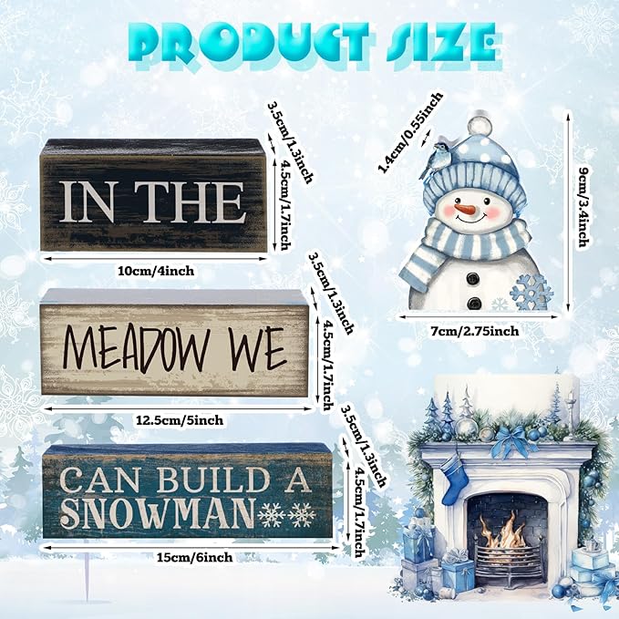 4 Pcs Winter Table Decoration Blue Snowman Decor Winter Tiered Tray Decor Christmas Centerpiece Decorative Wooden Snowman Block Sign Decoration for Home Kitchen
