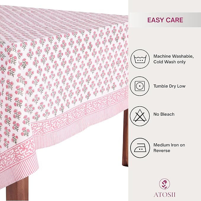ATOSII Gulbahar White Pink 100% Cotton Fall Rectangle Tablecloth, Hand Block Print Washable Table Cover, Christmas Parties Buffet Dining, Weddings, Thanksgiving, Halloween, 60 X 90 Inches, 6 Seater