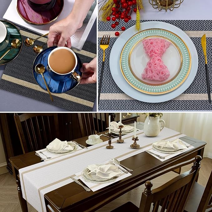FAVE Placemats Set of 6 Brown Placemat Woven with Golden Thread Durable and Wipeable Vinyl Placemats Heat Resistant Table Mats Set of 6 High Texture Place Mats for Kitchen Table (Brown)