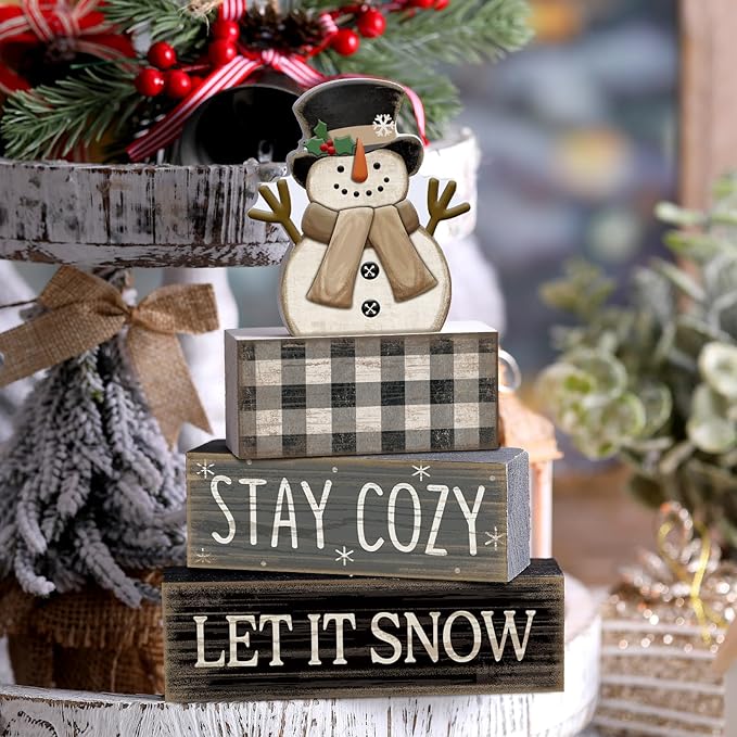 4 Pcs Winter Table Decorations Wooden Snowman Winter Tiered Tray Decor Rustic Block Signs Gift Farmhouse Christmas Centerpiece for Tables Party Kitchen Shelf Home