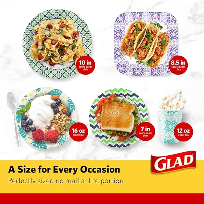 Glad Square Disposable Paper Plates, Blue Victorian Pattern - Strong, Sturdy, Soak Proof, and Microwavable Decorative Plates for Dinner and Everyday Use, 10 Inch, 50 Count - 12 Pack