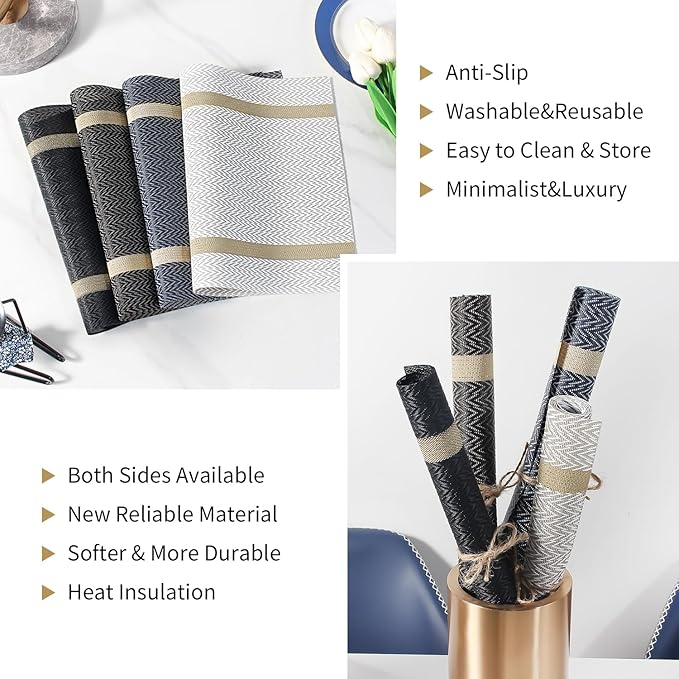 FAVE Placemats Set of 6 White Placemats Woven with Golden Thread Durable and Wipeable Vinyl Placemat Set of 6 for Wedding, Banquet, Birthday, Party, Restaurant Decorations(White)