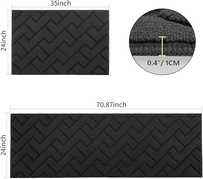 hicorfe Kitchen Rugs and Mats Sets,2 Pieces Super Absorbent Polypropylene Non-Slip Rug,Soft Comfort Floor Mat,Washable for Kitchen,Hallway,Office,Sink,Laundry(24" x 35"+24" x 71",Charcoal)