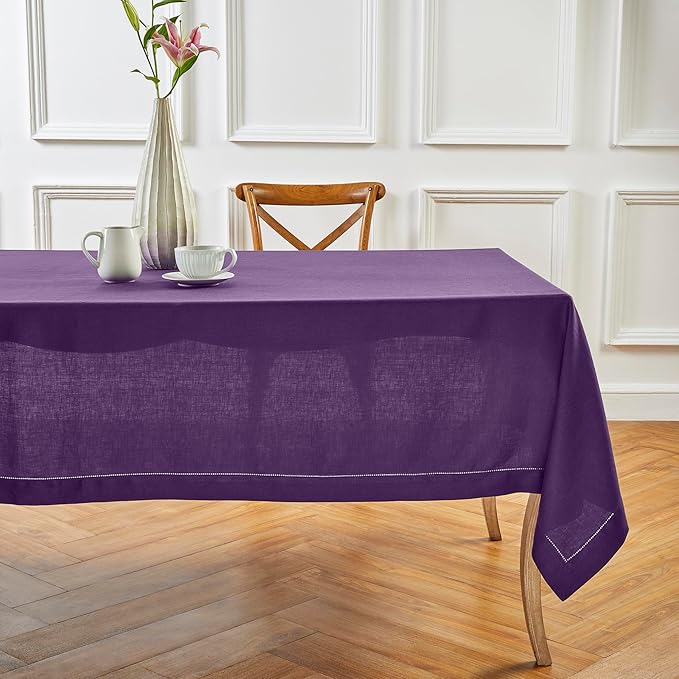 Solino Home Linen Tablecloth for Rectangle Tables 60 x 132 Inch - Classic Hemstitch 100% Pure Linen Purple Table Cloth - Machine Washable Cloth Tablecloth for Valentines, Spring, Easter
